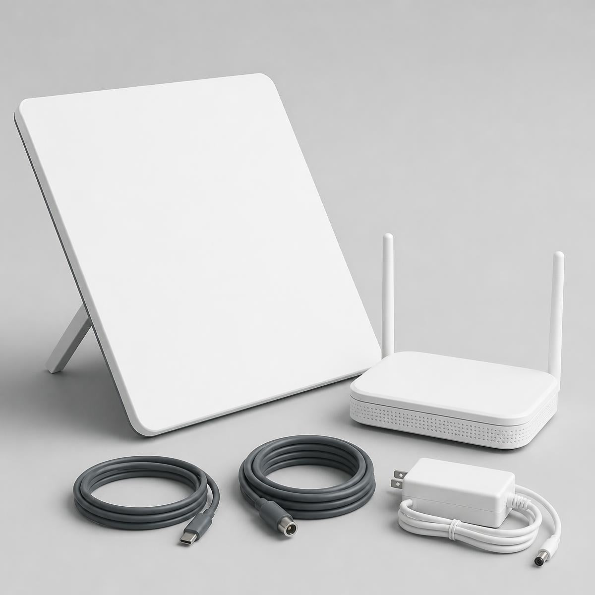 Portable satellite internet kit with dish, router and cables